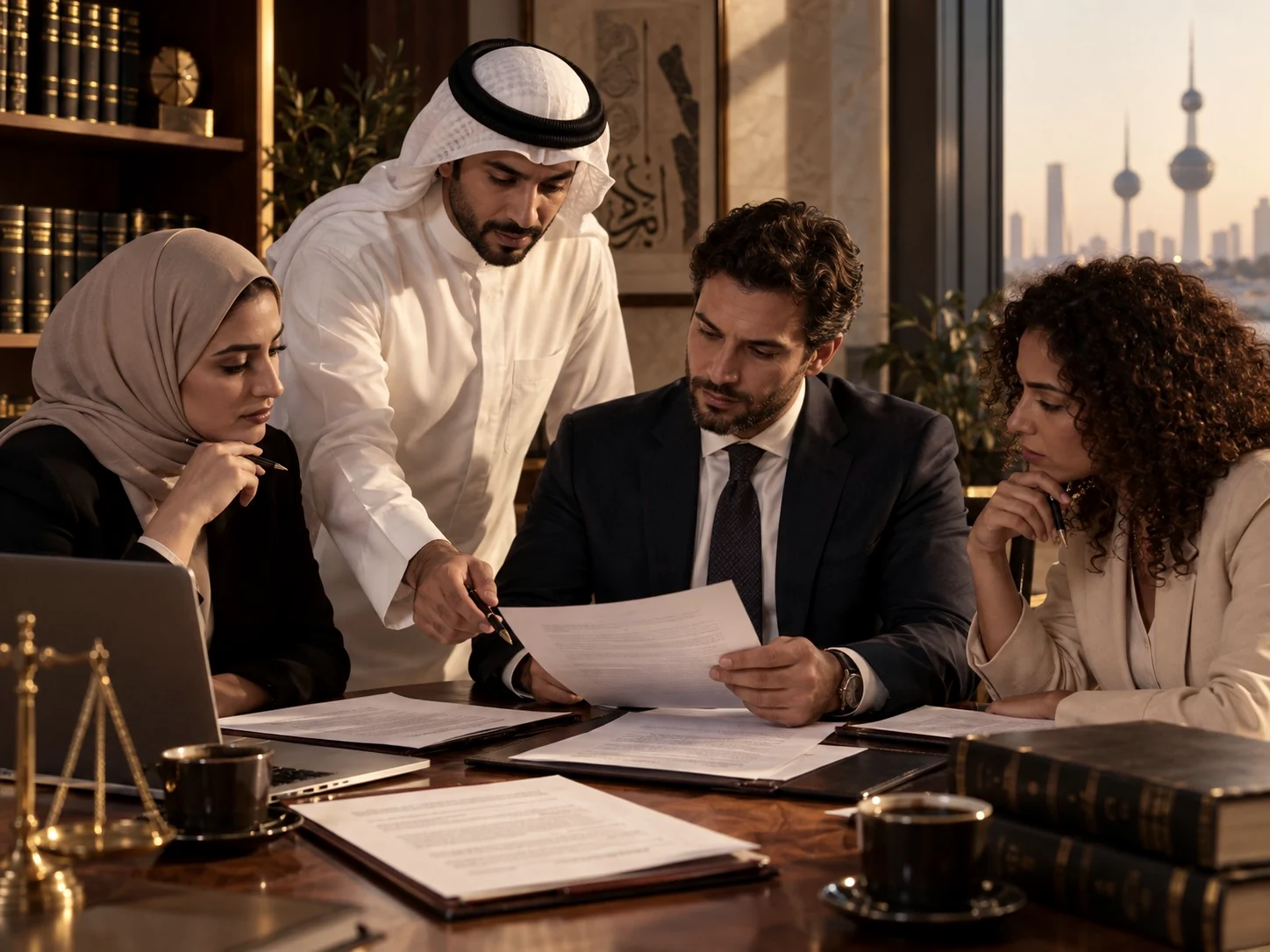 Four colleagues reading a document together across a desk in a Kuwait City office at dusk.